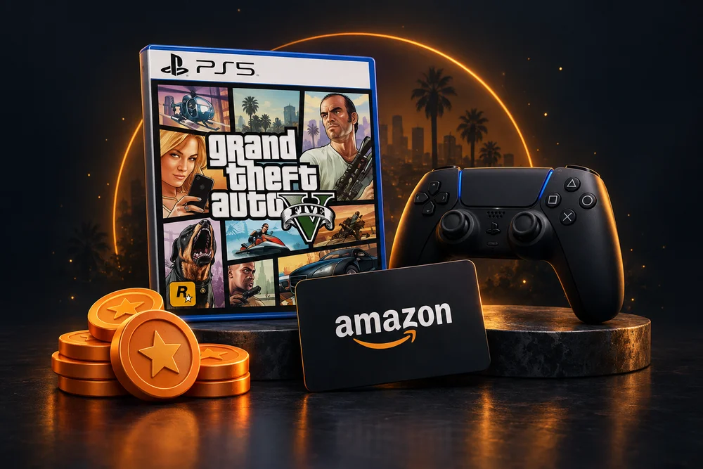 Illustration of a game, gift card and controller representing community prizes